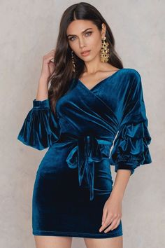 Gathered Sleeve Surplice Dress Velvet Suit Design, Ruffle Tops, Fashion Work Outfit, Dress Royal Blue, Surplice Dress, Dress Royal, Belt Tie, Clothes And Shoes