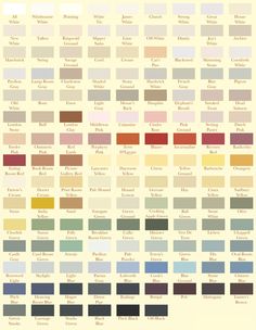 the color chart for different shades of paint in various colors and sizes, including red, yellow