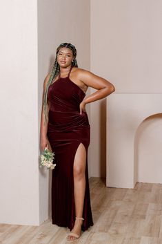 Model: Ashtyn; Size: 20 Olive Green Bridesmaid, Wedding Parties Colors, Top Neckline, Trending Colors, Velvet Dresses, Green Bridesmaid, Bridesmaid Dress Colors, Dusty Purple, Halterneck Dress