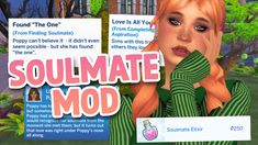 an animated image of a woman with long red hair and blue eyes holding up a sign that says soulmate mod