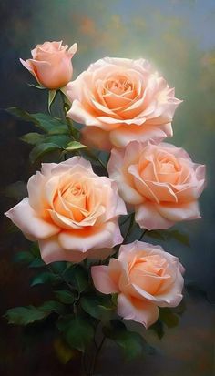 three peach colored roses with green leaves on a black and gray background, in the foreground