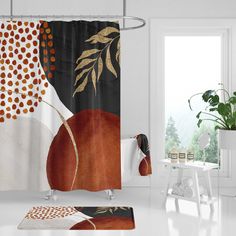 a bathroom with a shower curtain, rug and potted plant