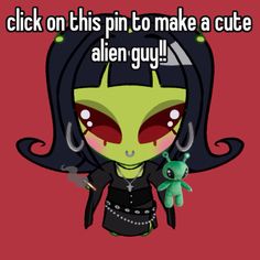 an alien girl with red eyes and black hair holding a green stuffed animal in her hand