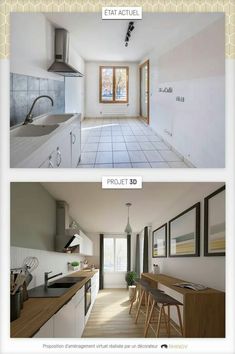 two pictures show the same kitchen and dining room in different rooms, one with an open floor plan