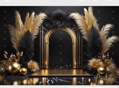 a black and gold backdrop with golden balls, feathers and an arch in the middle