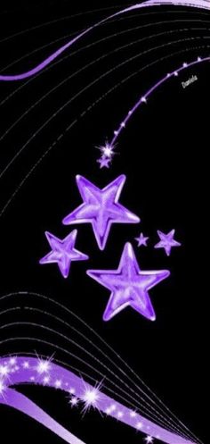 purple stars are flying in the air on a black and pink background with white swirls