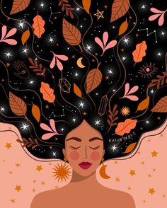 a woman with her hair in the air and stars above her head, surrounded by leaves