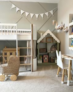 a child's playroom with toys and furniture