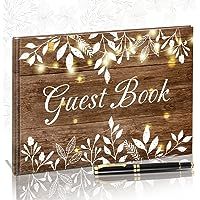 a wooden sign with lights on it and the words guest book written in white lettering