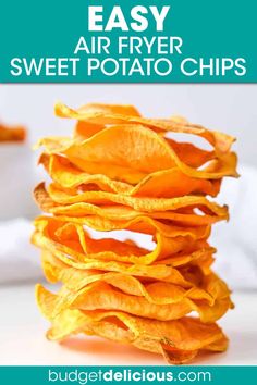 homemade air fryer sweet potato chips stacked on top of each other with text overlay