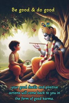 a boy playing flute next to a tree with an image of lord rama on it