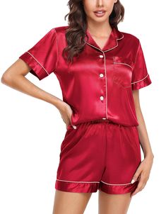 PRICES MAY VARY. 【 SOFT SATIN FABRIC】This luxurious silk satin pajama set is made of a soft and breathable 95% Polyester and 5% Spandex blend. This ultra soft women pj's set is not just perfect for a cozy night at home, but also great for causal set. With the style of fashionable simplicity, this satin pyjamas set is sure to be a wardrobe essential. 【CLASSIC DESIGN】This two-piece pajama set features lightweight, skin-friendly silk fabric and superior stitching for comfort. The pj's set includes Red Silk Pjs, Womens Silk Pajamas, Red Pjs, Pjs Shorts, Pyjamas For Women, Bridal Sleepwear, Satin Pyjamas, Satin Pjs, Silk Pjs