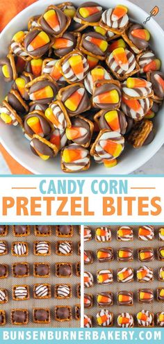 candy corn pretzel bites in a white bowl