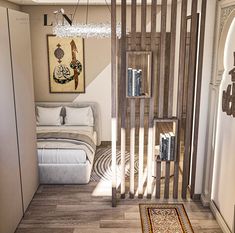 the interior of a bedroom with wooden slats