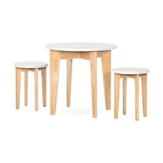 three small tables and two stools on a white background, with one table in the middle