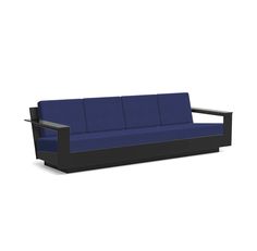 a black and blue couch sitting on top of a white floor