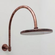 an overhead shower head and hand shower in a white bathroom with copper colored fixtures on the wall