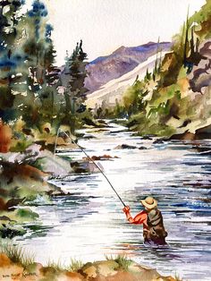 a painting of a man fishing in the river