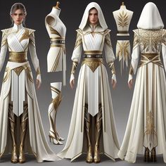 White And Gold Fantasy Outfit, Armor Dress, Warrior Outfit, Star Wars Outfits, Gold Outfit, Clothing Design Sketches, Dress Design Sketches, Hero Costumes, Fantasy Gowns