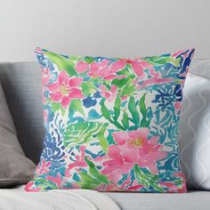 Super soft and durable 100% spun polyester Throw pillow with double-sided print. Cover and filled options. Vibrant watercolor flowers Preppy Colors, Throw Pillows Blue, Pillows Blue, Colorful Cottage, Chinoiserie Decorating, Leaves Pillow, Vibrant Watercolor, Blue Throw Pillows, Printed Cushions