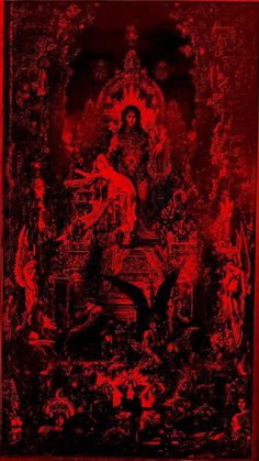 an image of the virgin mary in red and black with other images around it on a dark background