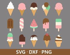 an assortment of different ice creams and popsicles on a gray background with the text svg dxf png