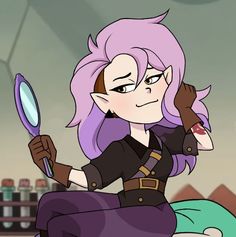 a cartoon girl with purple hair holding a magnifying glass in her right hand