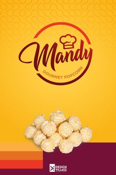 the logo for mandy's gourmet popcorn is shown in front of a yellow background