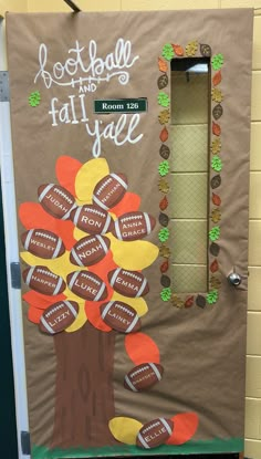 a bulletin board decorated with footballs and fall leaves in front of a door that reads, football and fall y'all