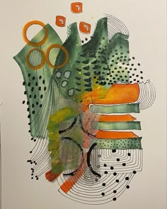 an abstract painting on paper with circles and shapes in the background, including leaves and flowers