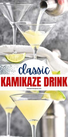 the classic karmize drink is being poured into martini glasses