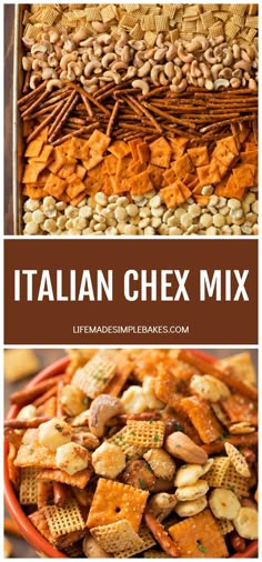 italian chex mix in a bowl with the title above it and an image of different types