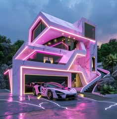 a white car parked in front of a house with pink lighting on it's side