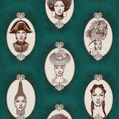 an image of different women in hats on a green background with black and white images