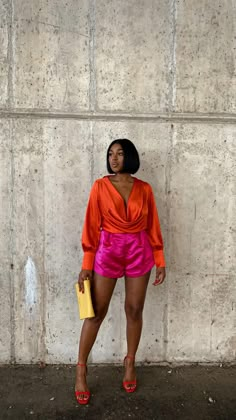 Satin Top Outfit, 2piece Outfits, Fest Outfits, Color Blocking Outfits, Orange Outfit, Shein Outfits, Streetwear Summer, Summer Attire, Classy Dress Outfits