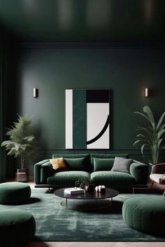 a living room with dark green walls and furniture in the center, along with potted plants