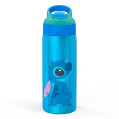 a blue and green water bottle with a cartoon character on the front, sitting against a white background