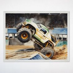 a painting of a monster truck in mid air