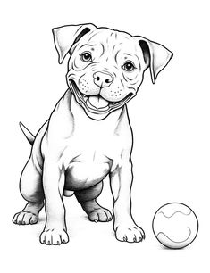 a black and white drawing of a dog next to a ball