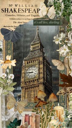 an altered photograph of the big ben clock tower in london with butterflies and flowers around it