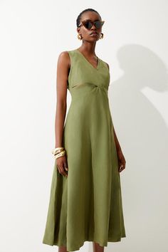 Open Back V Neck Woven Midi Dress | Karen Millen V Waist Dress, Shapeless Dress, Dresses Open Back, Wedding Aesthetics, High Neck Midi Dress, Trending Sunglasses, Guest Dress, Khaki Dress, Draped Dress