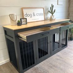 a dog and crate stand in the corner of a room