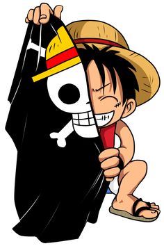 a cartoon character with a pirate hat on holding onto a black piece of paper that has a skull and crossbones on it