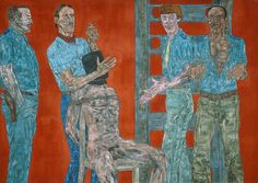 three men standing next to each other in front of a painting