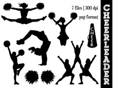 the silhouettes of cheerleaders are shown in black and white, as well as an