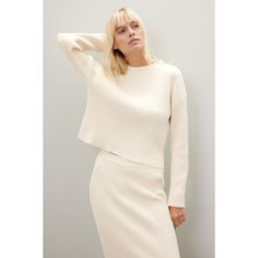 Cream knit (100% Polyester). Sweater. Long sleeves. Crewneck. Pull on. Imported. Ribbed Cropped Sweater For Fall Workwear, Fall Ribbed Cropped Sweater For Work, Chic Cream Sweater With Ribbed Neckline, Beige Ribbed Neckline Sweater For Work, Beige Sweater With Ribbed Neckline For Work, Chic Knit Sweater With Ribbed Cuffs, Chic Long Sleeve Sweater With Ribbed Neckline, Cream Stretch Sweater With Ribbed Cuffs, White Long Sleeve Cropped Sweater With Ribbed Neckline