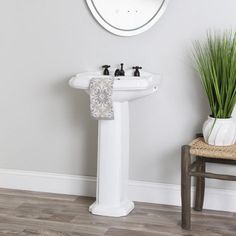 a white pedestal sink sitting next to a round mirror on the wall above it is a potted green plant