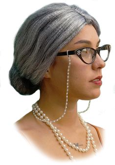 PRICES MAY VARY. Old lady cosplay set: this gray hair wig set has 5 pieces total, the gray wig, wigcap, faux pearl bead necklace, cateye glasses, and glass chain. Fits most people, the inner lining of the grey old lady wig is elastic and it fits for kids, for adults, and most people. Quality materials, the granny wig is made of quality synthetic fiber, wig cap is made of nylon. The granny or grandma glasses are black with rhinestones in the corners. The pearl necklace is longer than most others Old Lady Halloween Costume, Old Lady Wig, Granny Wig, Grandma Costume, Grey Hair Wig, Old Lady Costume, Festival Gear, Grey Wig, Chain Accessories