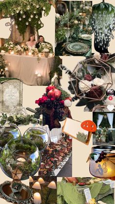 a collage of photos with flowers, candles and other things in them on display