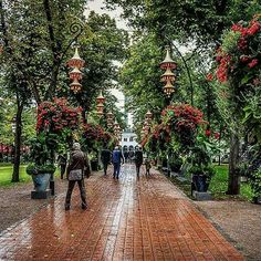 people walking down a brick walkway in the middle of a park with trees and flowers on either side